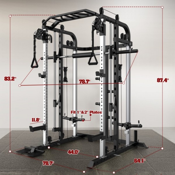 Royal Fitness Smith Machine, Multifunctional Power Cage Rack with Smith Bar and Cable Pulley System, and LAT Pull Down Machine for Home Gym