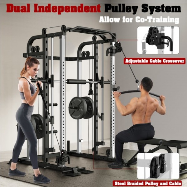 Royal Fitness Smith Machine, Multifunctional Power Cage Rack with Smith Bar and Cable Pulley System, and LAT Pull Down Machine for Home Gym