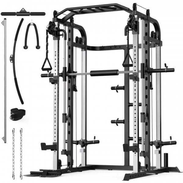 Royal Fitness Smith Machine, Multifunctional Power Cage Rack with Smith Bar and Cable Pulley System, and LAT Pull Down Machine for Home Gym